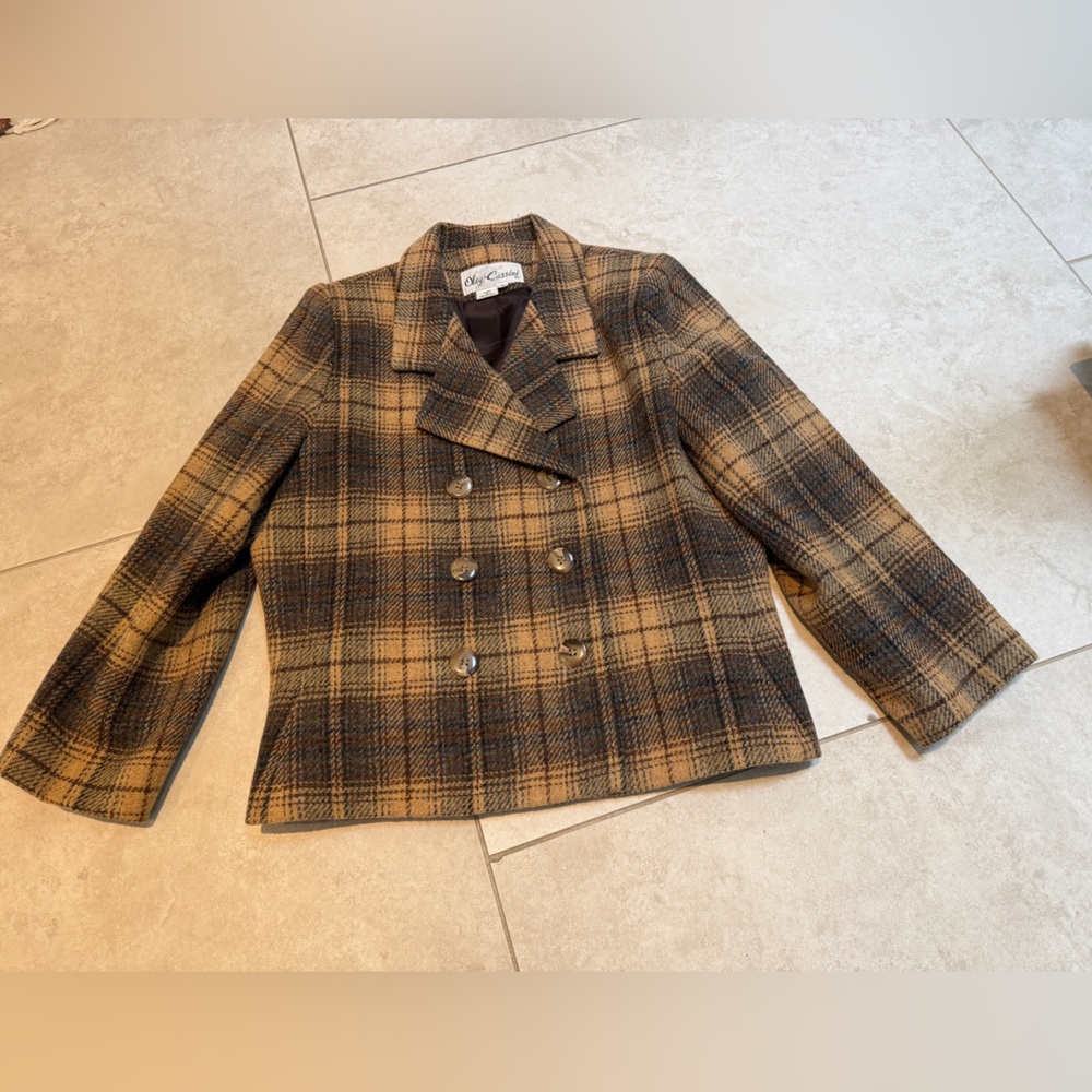 Oleg Cassini Brown Plaid Double-Breasted wool jacket